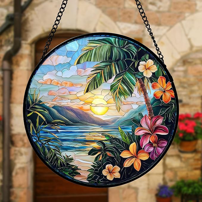 DASTOLL Stained Glass Window Hanging, Colorful Landscape Suncatcher for Doors Home Sun Catchers Decoration and Christmas, Mother's Day Birthday Gifts for Women, Men, and Mom 9.8 in
