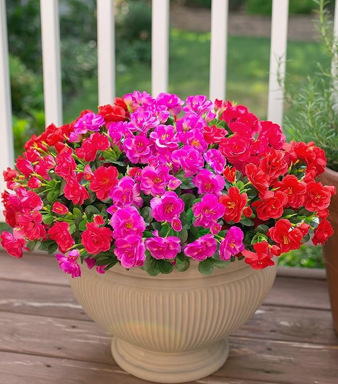 Artificial Faux Outdoor Flowers Plants For Spring Decor, Fake Silk Colorful Camellia UV Resistant Look Real for Planter Outside Porch Patio Balcony Garden Yard Home Decoration, 3 Large Bundles