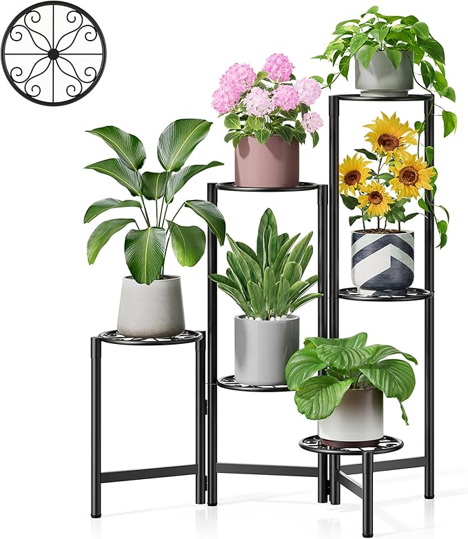 NQW 6 Tier Large Plant Stand Indoor with 7.9-Inch Wide Drainage Tray, Tiered Corner Metal Outdoor Flower Display Holder Shelf, Folding Tall Rack for House Patio Porch Balcony Graden - BlackS