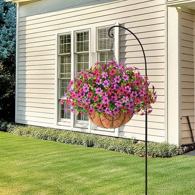 INQCMY Artificial Flowers Hanging Baskets for Outdoors Spring Decor, 12 Bundles Fake Plants Faux Silk Daisy with Eucalyptus Stem UV Resistant for Outside Patio Balcony Garden(Purple Fuchsia)