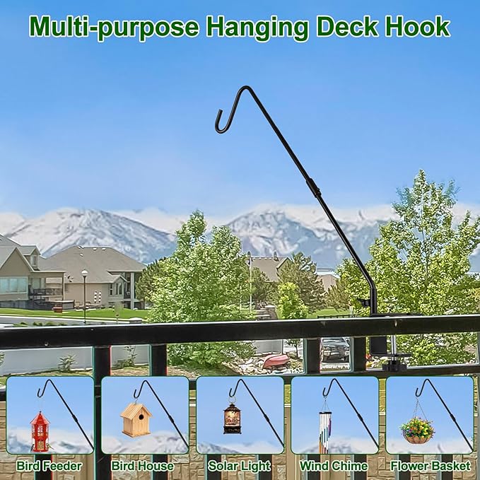 Eyrizon Heavy Duty Deck Hook,35Inch Extended Reach Plant Bracket Hook Hangers,Bird Feeder Hanger for Deck Railing,Fence Deck Shepherd Hook for Hanging Lanterns,Wind Chime&Outdoor Decorations
