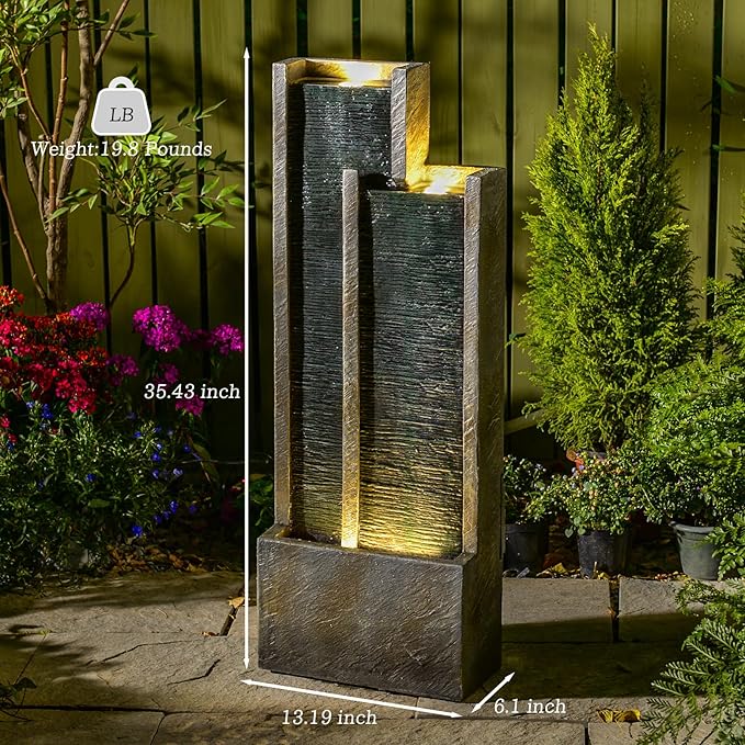 Modern Tiered Waterfall Fountain with Lights – Indoor Rectangular Water Feature - 35.4"H Waterfall Fountains for Deck, Patio, Porch, Garden, Yard Decor Standing Indoor Outdoor Water Fountains