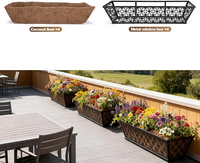 4 Pack 24 Inch Window Box Planters Outdoor,Deck Railing Planter Boxes with Coco Liner,Metal Hanging Window Flower Boxes for Balcony Fence Porch Garden Railing – Outdoor Window Flower Box