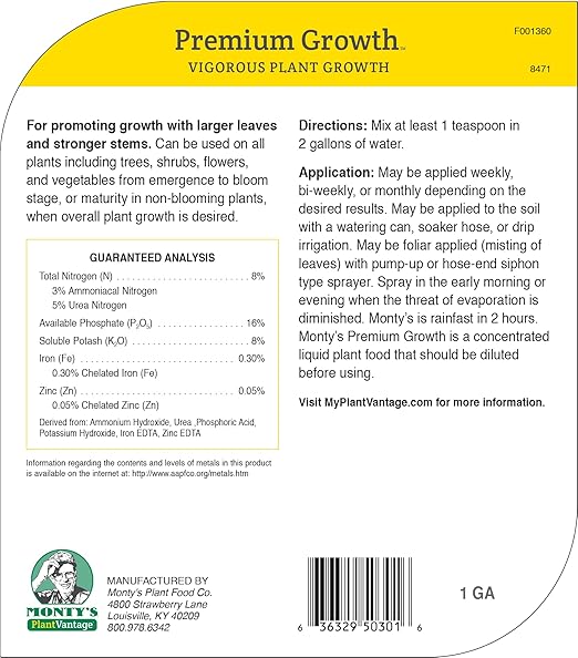 PlantVantage Premium Growth Liquid Plant Food - Liquid Fertilizer for Stronger Stems & Larger Leaves, NPK Fertilizer (8-16-8) with Zinc & Iron, Foliar Spray for Trees, Shrubs & Flower Boost, 1 Gallon