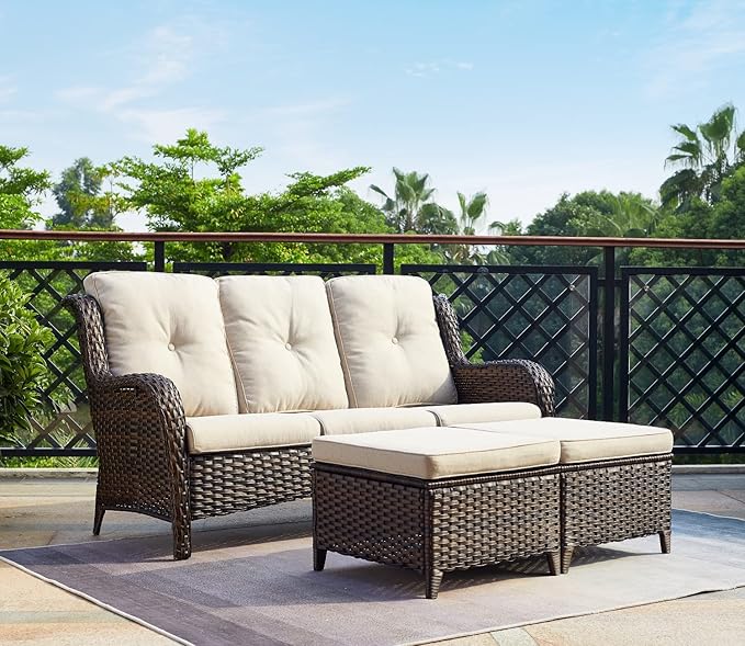 HUMMUH Outdoor Furniture 5 Pieces Patio Furniture Set Wicker Outdoor Sectional Sofa with 2 Patio Chairs,Ottomans