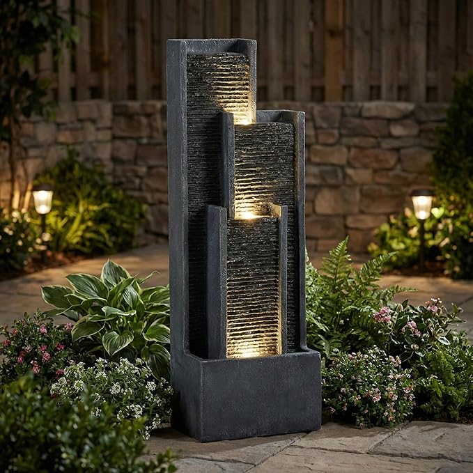 40" H Outdoor Water Fountain, Modern Floor Standing Cascading Waterfall with LED Lights, Resin Water Feature for Porch Patio Garden Home Office, Black