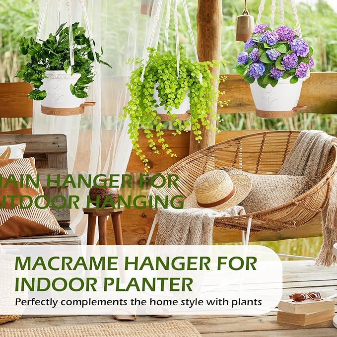 gegemaoyi 3 Pack Hanging Baskets Set, Hanging Planters for Indoor & Outdoor Plants, Self-Watering Hanging Pots with Removable Tray&Drainage Holes, Flower Pots for Home Garden Decor 10 Inch (White)