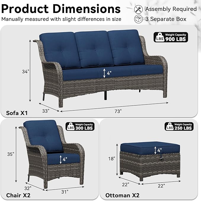 5 Piece Outdoor Wicker Patio Furniture Set, Patio Chairs Set with Thickened Olefin Cushions, High Back and Deep Seating, Hand-Woven PE Rattan, Ottoman for Porch, Deck