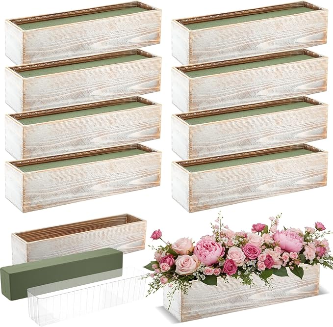 Sintuff 8 Set Rectangle Wooden Planters, 17 x 4 Inch Wood Boxes with Removable Plastic Liner & Floral Foam Blocks, Rustic Wood Planter for DIY Centerpieces Home Wedding Garden Bookshelf Decor (White)