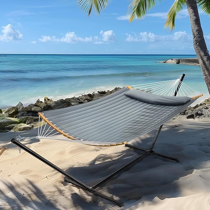 SUPERJARE Hammock with Stand, 2 Person Heavy Duty Hammock with Padded Cotton, Detachable Pillow & Strong Curved-Bar & Portable Carrying Bag, Perfect for Outdoor & Indoor, Neutral Gray