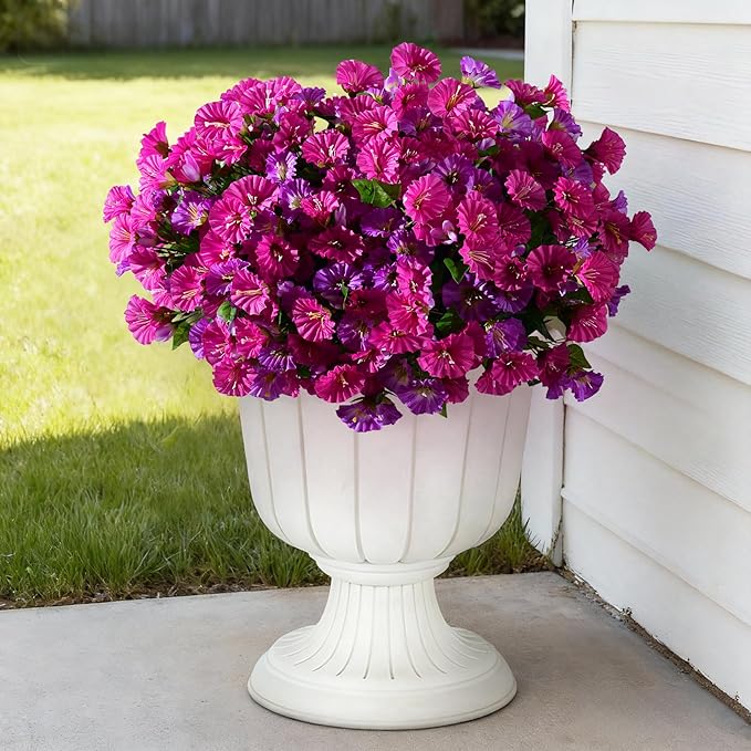 Artificial Morning Glory Flowers Plants for Outdoor 8 Pcs Faux Silk Petunias Flower Realistic Faux Flowers Plants for Outside Planter Porch Yard Patio Balcony Home Indoor Decor (8 Pcs Fuchsia+Purple)