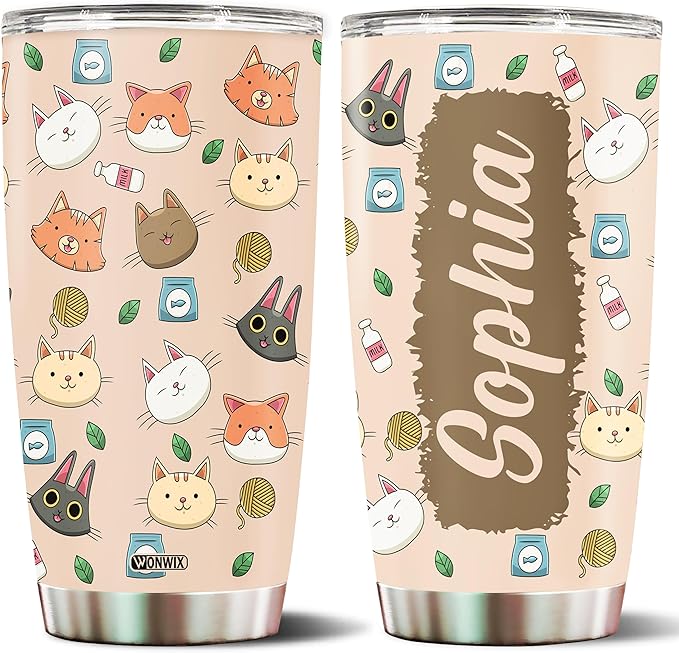 WONWIX Personalized Cat Tumbler Gifts for Girls Kids Daughter 20oz Travel Cup Coffee Mug Stainless Steel Insulated with Lid Custom Name Watter Bottle Gift for Cat Lover