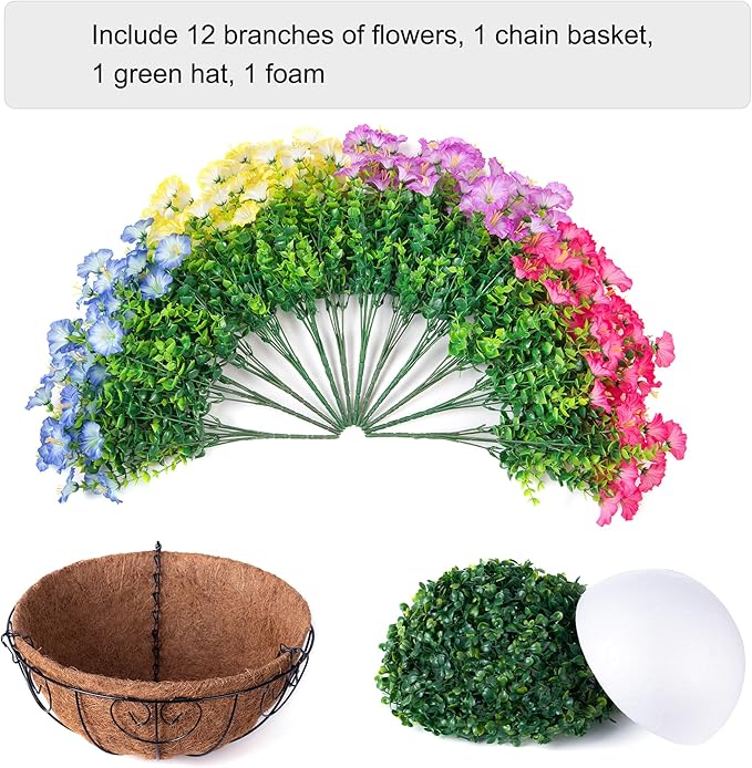 Artificial Fake Hanging Flowers Baskets for Outdoors Faux Plants Spring Outside Decor, UV Resistant Silk Morning Glory Flowers in Planter Realistic Petunias for Outdoor Porch Patio Garden Yard Home