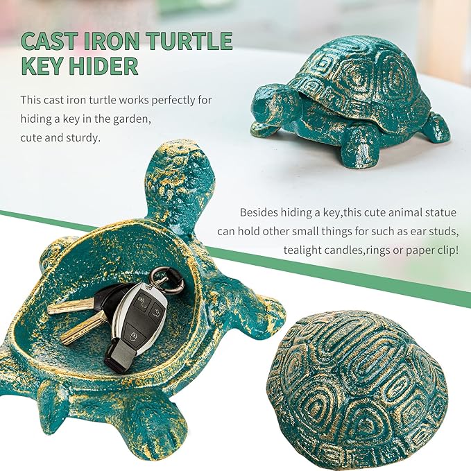 Sungmor Cast Iron Turtle Key Hider – Heavy Duty Indoor Outdoor Spare Key Holder & Garden Decor, Antique Green Small Animal Statue for Porch, Shelf, Patio
