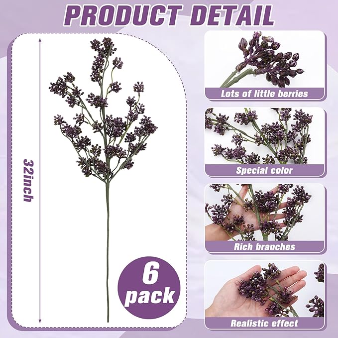 6 Pcs Plum Faux Berry Stems Artificial Dusty Sedum Berry Stems Picks Branches Faux Spray for DIY Holiday Farmhouse Home Mantel Harvest Decorations (32 Inch)