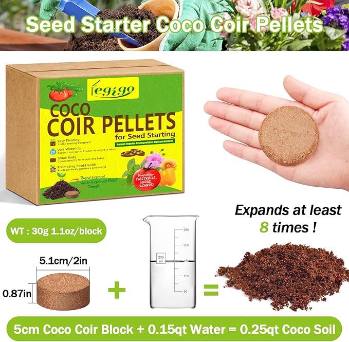 Legigo 100 Pcs 50mm Coco Coir Pellets Seed Starter Soil Mix- Organic Coconut Coir Potting Soil Pods for Seedling, Coco Peat Soil Discs for Indoor & Outdoor Plants Bonsai Herbs Vegetables and Flowers