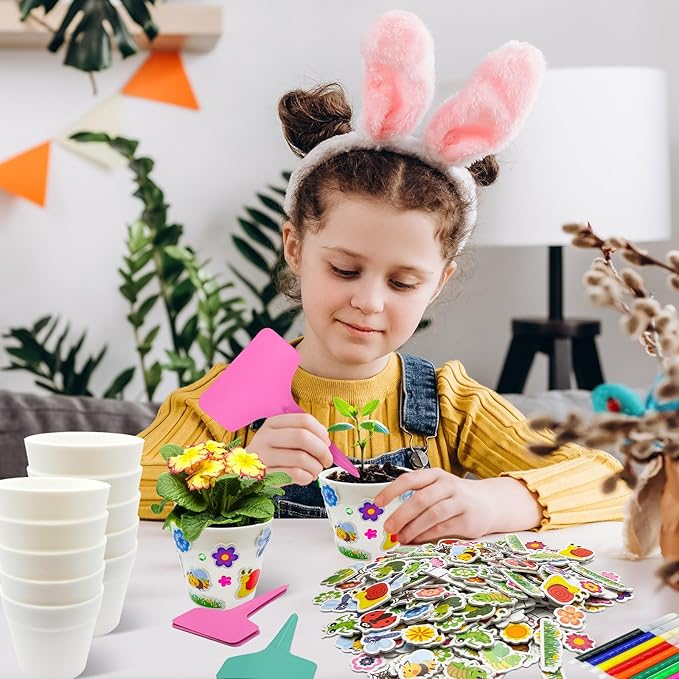30 Set Garden Paper Pot Craft Kit，DIY Flower Plant Crafts with 216 Foam Stickers Watercolor Pens Plastic Plant Tags for Spring Summer Gardening Art Project Classroom Party Activities (Small)