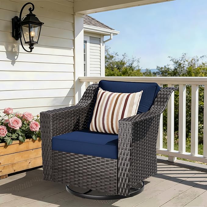 Outdoor Furniture Swivel Chair, Patio Glider Wicker Rocker Seating with Cushions for Porch Deck Balcony (Blue)