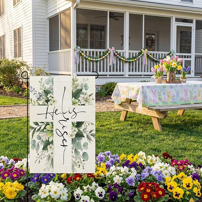 CROWNED BEAUTY Easter Garden Flag He is Risen 12x18 Inch Double Sided Floral Cross Holiday Decoration for Outdoor Lawn Yard