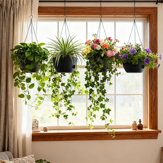 UOUZ 4 Pack 8 Inch Self Watering Hanging Planters for Indoor Outdoor Plants，Hanging Pots for Plants with Drainage Removable Tray, Hanging Baskets Flower Pots for Ivy Pothos Spider Garden Porch Black
