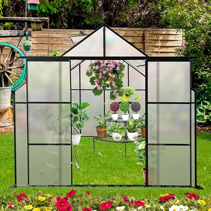 Favfurish 8X8 FT Greenhouses for Outdoors,Polycarbonate Greenhouse, Aluminum Heavy Duty Walk-in Green Houses, Adjustable Roof, Raised Base and Double Sliding Door for Outside Backyard, Black