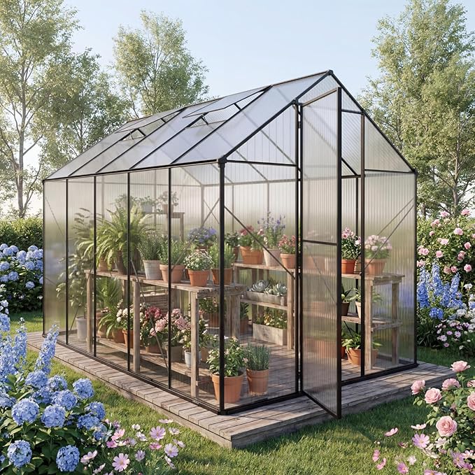6x10 FT Greenhouse, Outdoor Greenhouse with Aluminum Frame, Polycarbonate Greenhouse for Outdoors with Roof Vent, Walk in Greenhouse for Outside Garden Backyard, Patio, Lawn (Black)