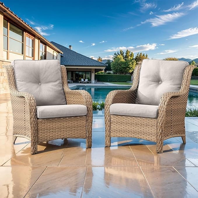 HUMMUH Patio Chairs Wicker Patio Dining Chairs Set of 2 PE Rattan Deep Seating Outdoor Chairs with 4 inch Seat Cushions (Yellow/Beige)