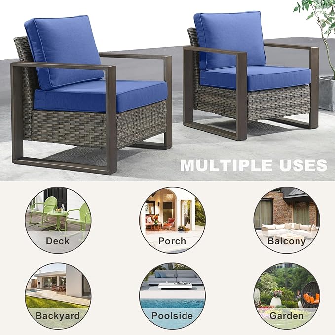 3 Piece Wicker Patio Furniture Set,Patio Bistro Set with 2 Rattan Armrest Chairs and 1 Side Table,Sturdy Frame,All-Weather PE Wicker,Wide Armrest,Deep Seating and Thick Cushions(Mixed Grey/Blue)