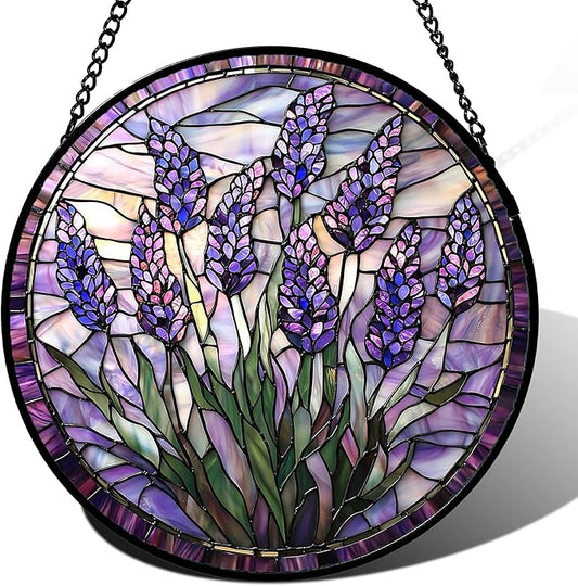 JOSUMALY Stained Glass Window Hanging - Purple Flowers Suncatcher for Door Terrace Garden Home Decor Lavender Plant Floral Sun Catcher Birthday Gifts for Lovers Women Men Dad Mom Nana 6.3 in