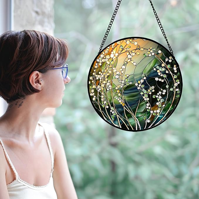 AMDERVEN Stained Glass Suncatcher, Yellow Green Gradient Flower Sun Catcher Plants Stain Glass Window Hanging Decoration Mother's Day Birthday Gifts for Women Men Mom and Nana 11.8 in