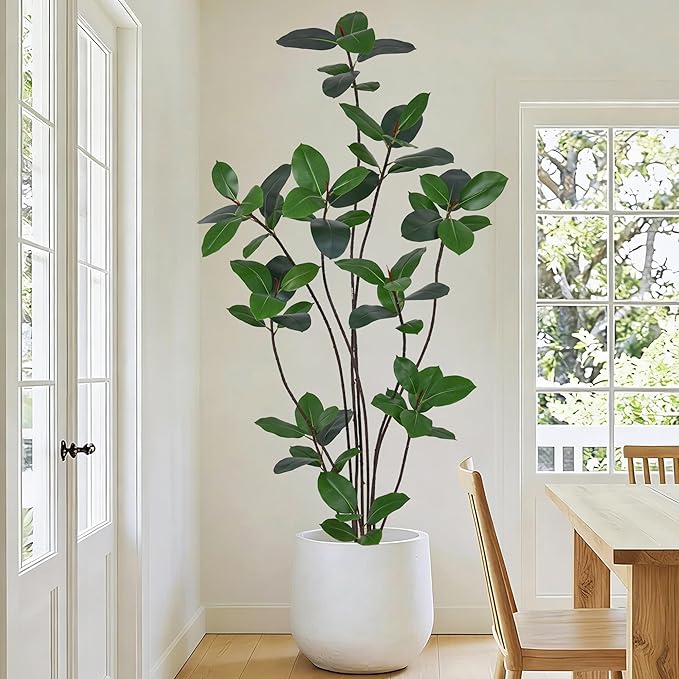 7FT Artificial Green Rubber Tree - 84" Faux Trees Indoor with 68 Lifelike Vivid Leaves and 10Heads, Tall Fake Potted Plant for Home Office Living Room Decor Housewarming Gift