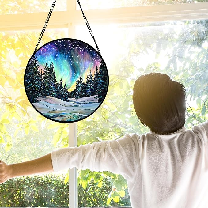 DASTOLL Stained Glass Window Hanging, Aurora Landscape Sun Catchers Glass Panel Green Trees Suncatcher Decor for Birthday for Women, Men, Wife, Aunt, and Mom 11.8x11.8 in