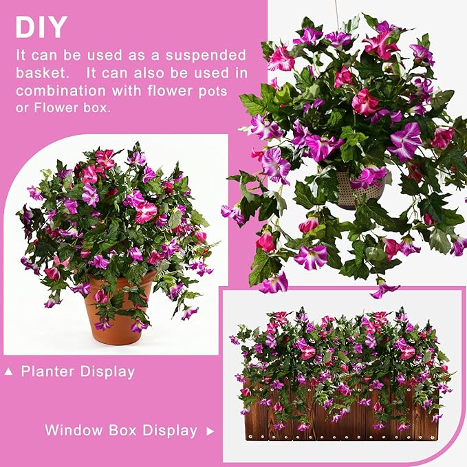 Artificial Morning Glory Flowers Plants for Outdoor 2Pcs Faux Silk Petunias Flower Realistic Faux Flowers Plants for Outside Planter Porch Yard Patio Balcony Home Indoor Decor (2 Pcs Fuchsia)