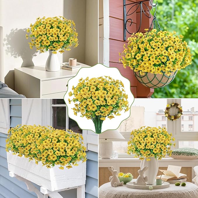 Besteek 20 Bundles Artificial Flowers for Outdoors Decoration Fake Silk Flowers UV Resistant Faux Plants Artificial Daisy Eucalyptus for Spring Summer Garden Yard Porch Window Home Decor, Yellow