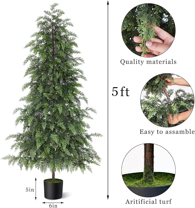 5FT Real Touch Cedar Topiary Trees for Front Porch Decor, Artificial Shrubs Faux Plants Potted UV Resistant Fake Greenery for Outdoor Indoor Door Garden Farmhouse Home Decoration (Set of 2)