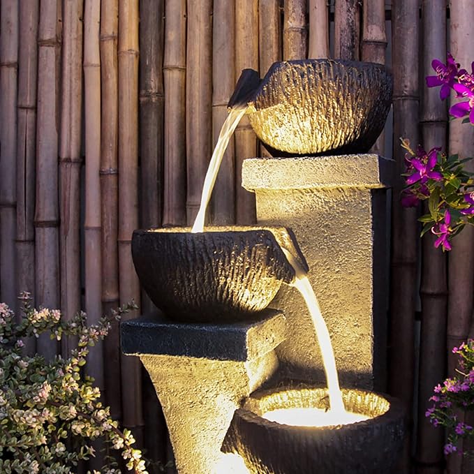 Supmix 37.4”H Water Fountain Outdoor 4- Crocks Modern Garden Fountains LED Lighted Floor Fountain Natural Polyresin Decor for Garden, Patio, Backyard Ard and Home Art DéCor