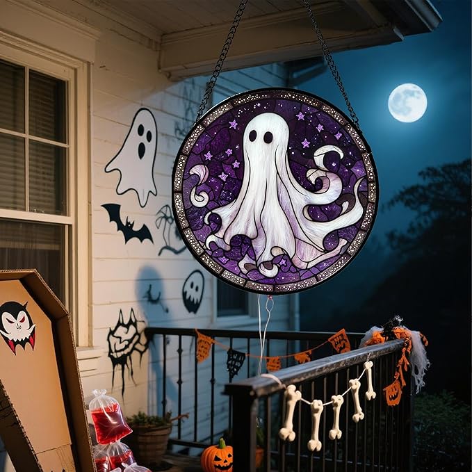 DASTOLL Stained Glass Window Hanging - Halloween Decorations White Ghost Purple Stars Suncatcher for Doors Garden Spooky Funny Sun Catchers Gothic Decor Horror Gifts for Women Men Friend 7.8 in