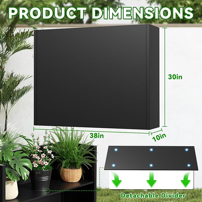 POOAMY Metal Planter, 38L x 10W x 30H, Heavy Duty Tall Planters for Outdoor Plants, Black Planters with Removable Insert Shelf, Large Planters with Drainage Holes for Porch, Patio and Yard, Black