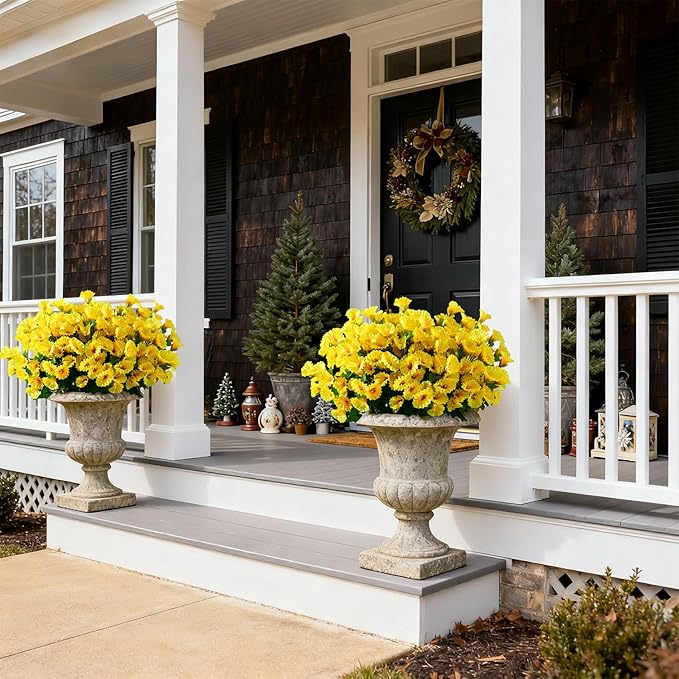 Artificial Morning Glory Flowers Plants for Outdoor 8 Pcs Faux Silk Petunias Flower Realistic Faux Flowers Plants for Outside Planter Porch Yard Patio Balcony Home Indoor Decor (8 Pcs Yellow)