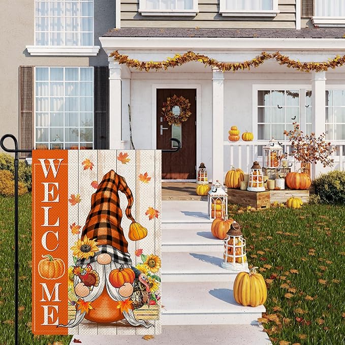 Thanksgiving Day Gnome Garden Flags for Outside, Welcome Fall Garden Flags 12x18 Double Sided, Rustic Pumpkin Sunflower Turkey Holiday Lawn Flags, Fall Gnomes Decorations for Yard Farmhouse