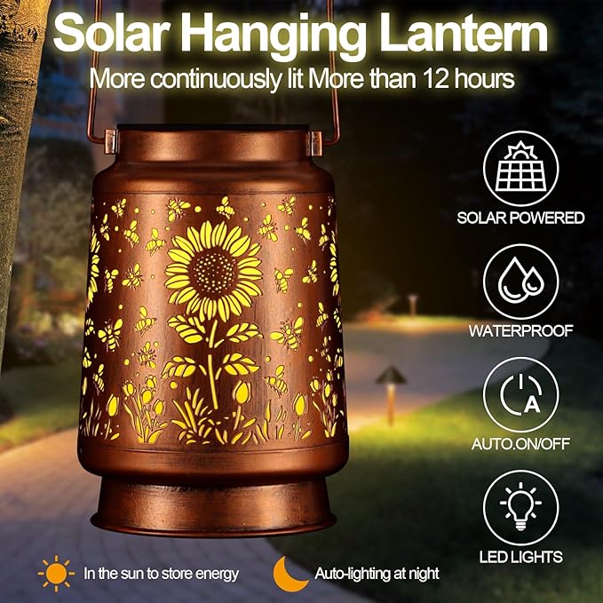 Solar Lantern Outdoor Hanging Waterproof Outside Metal Openwork Hummingbird Pattern Birthday Gifts for Women Mom Landscape Lights for Porch Garden Yard Patio Pathway Decor(Sunflower + Bee)