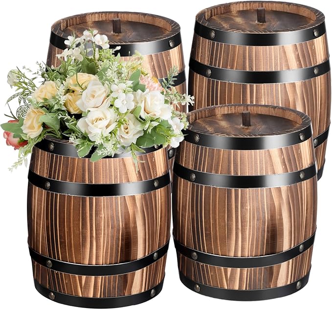 4 Pcs Wood Wine Barrel Vase Vintage Flower Vase Container Rustic Barrel Planter for Wedding Reception Table Decoration Home Indoor Outdoor Garden Kitchen Party (8 x 6.5 Inch)