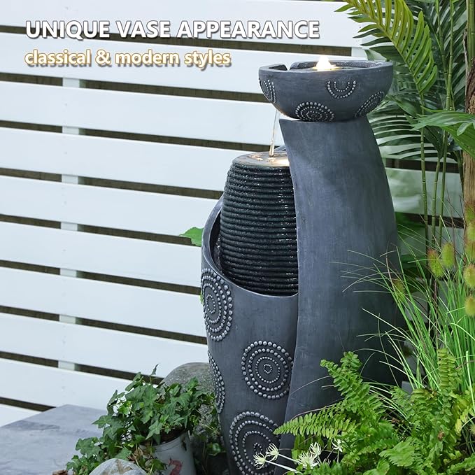 Vase Outdoor Water Fountain, 31.4''H Jar Waterfall Fountain with Warm LED Lights&Durable Pump for Yard, Porches, Home Décor,Garden,Office