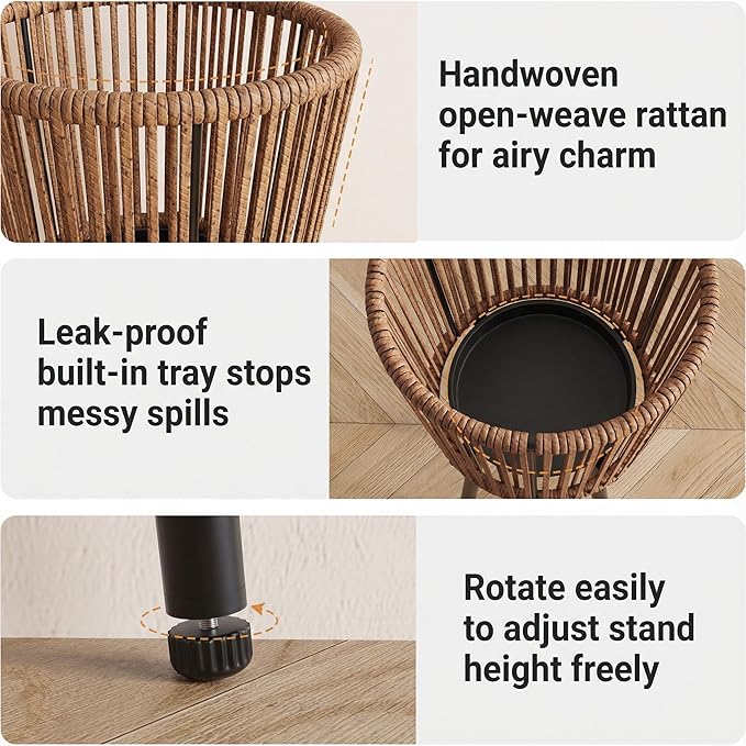 Set of 2 Rattan Plant Stand, Boho Wicker Planter Stand, Handwoven Mid Century Plant Holder for Living Room, Bedroom, Patio