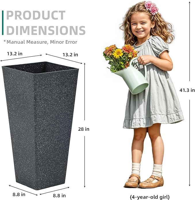 Autodaya 28" Plant Pots Tall Planters for Plants Outdoor Set of 2 Plastic Planter Pot Large Flower Pots Indoor Weather-Resistant for Patio, Porch, Garden, Front Door Christmas Decor Terrazzo Black