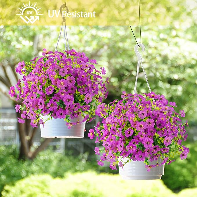 ATTGREAT Artificial Flowers Outdoor Faux Plants UV Resistant Fake Patio Flowers Plastic Greenery Plnats Outside Bulk for Spring Garden Hanging Planter Home Vase Decor, 12 Bundles (Purple)