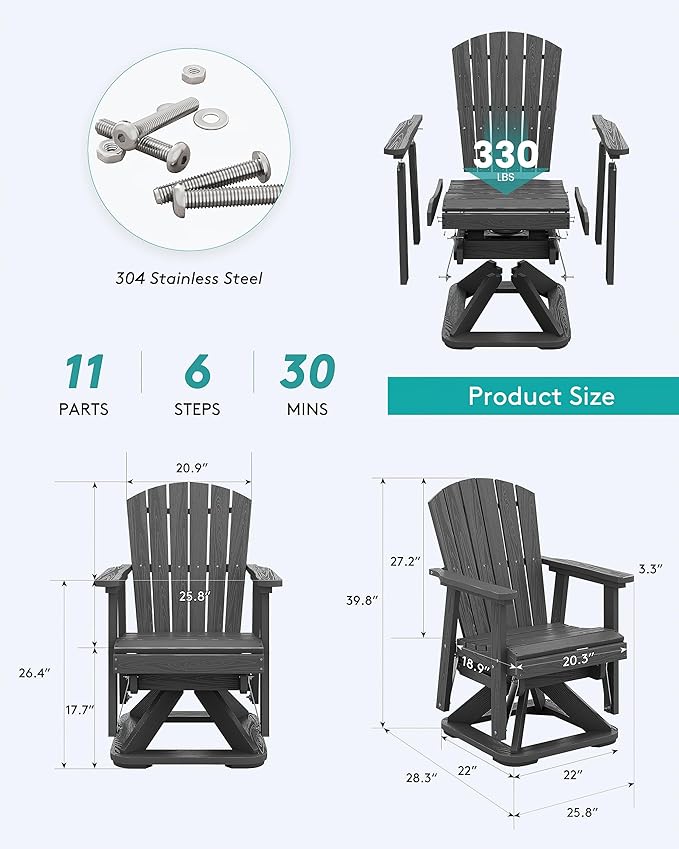 SERWALL Adirondack Swivel Glider Chair, HDPE Glider Rocking Chair for Outdoor, All-Weather Glider Chair for Porch, Balcony, Grey