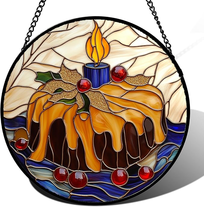 Stained Glass Window Hanging - Blue Candle Cake Suncatcher for Doors Home Christmas Decoration Winter Sun Catcher Thanksgiving New Year Birthday Gifts for Women Men Mom Nana Girl 15 in