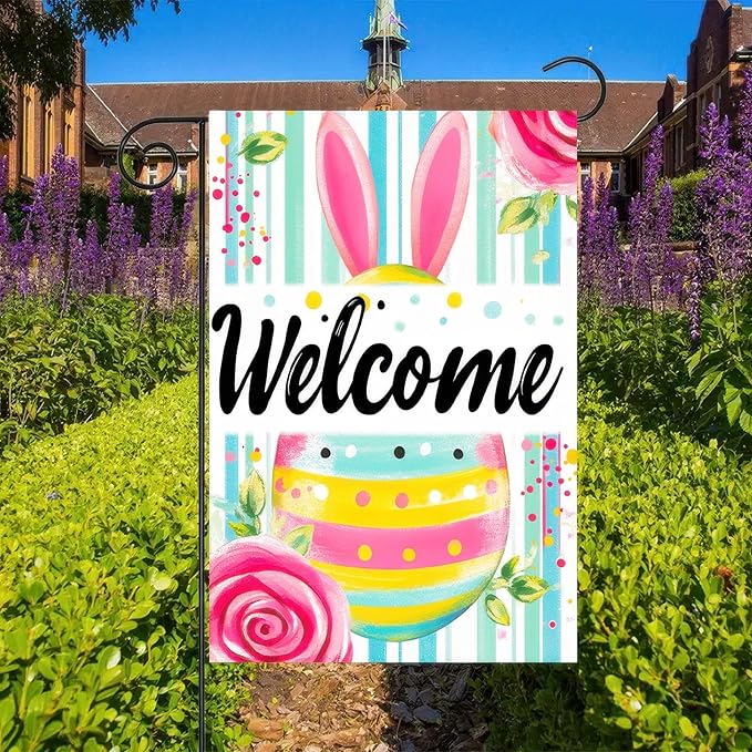 Happy Easter Garden Flag 12x18 Inch Double Sided Welcome Sign Colorful Eggs Yard Flag Outdoor Home Decoration Flag Seasonal Spring Decor for Farmhouse Holiday