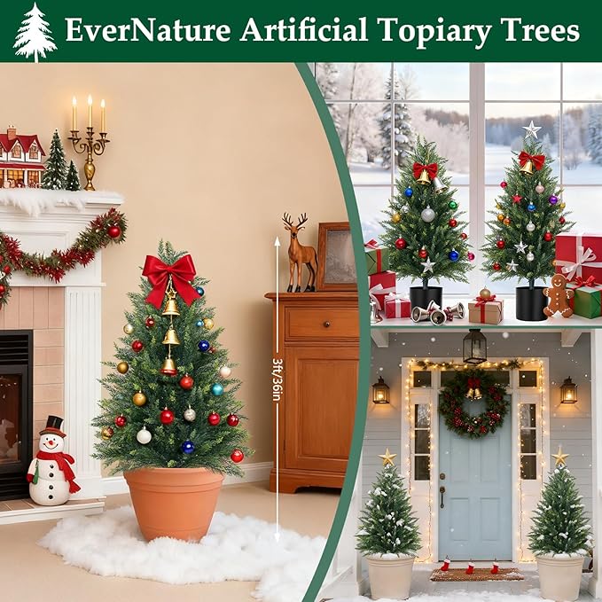 EverNature 3FT Artificial Topiary Cedar Trees, 2Pack Realistic Faux Cypress Plants with Pot, Fake Bushes Pine Tree for Outdoor Front Porch Garden Indoor Christmas Home Decor